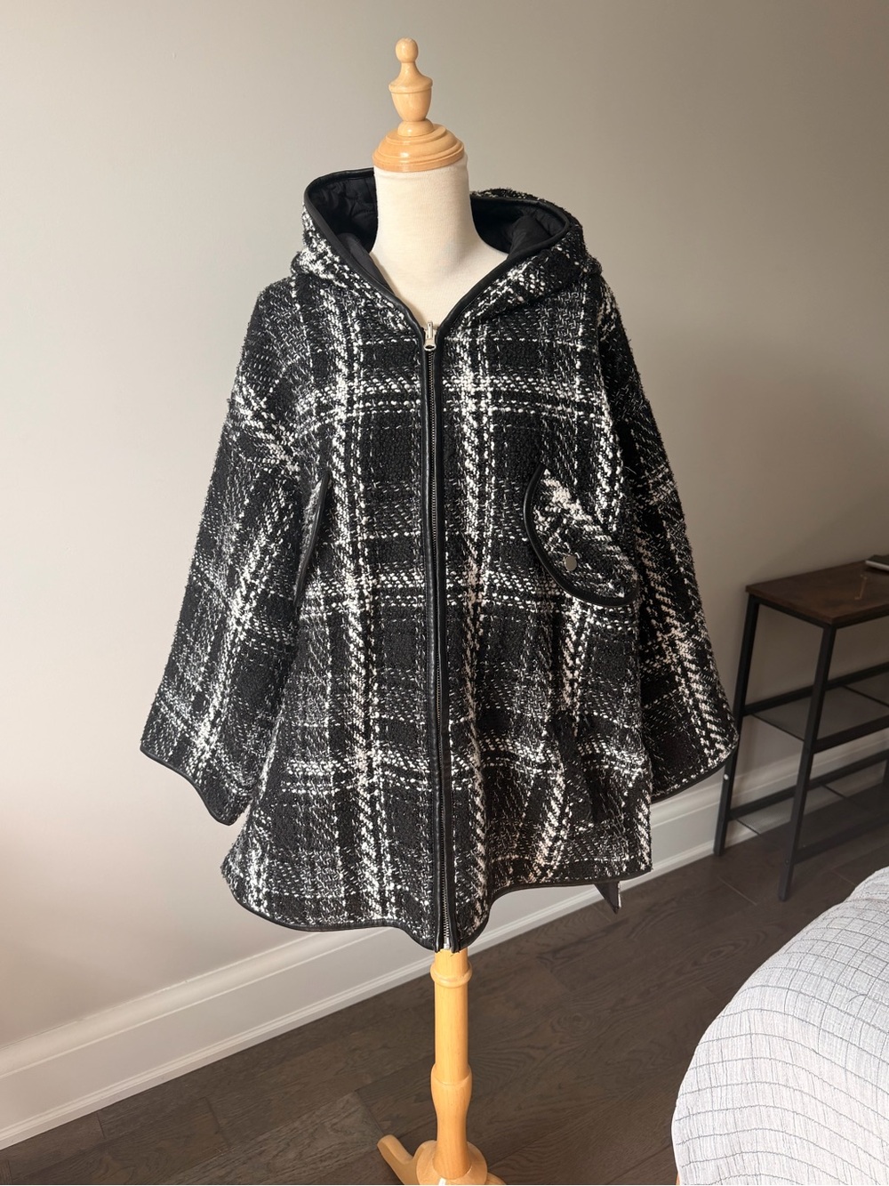 Maje Black & White Tweed Hooded Cape Coat / Poncho – Size 1